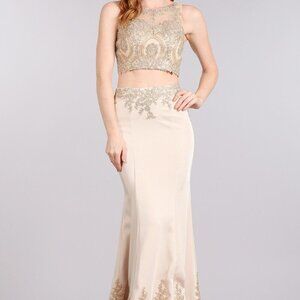 2 pc Champagne Gold Lace Bodycon Dress 1612